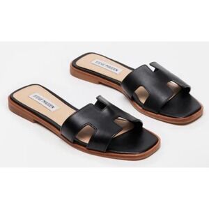 Steve Madden Hadyn Black H-Band Slide Flat Sandals Women 9.5 Square Toe Shoes